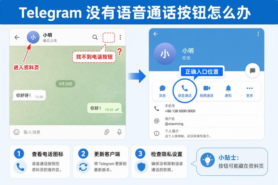 Telegram 资料页电话按钮和语音通话入口
