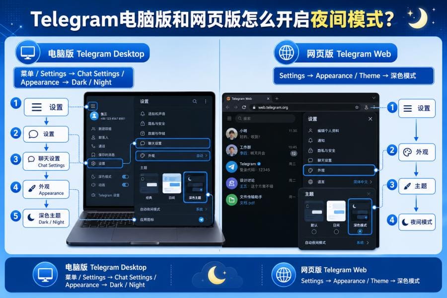 Telegram 电脑版和网页版开启夜间模式步骤