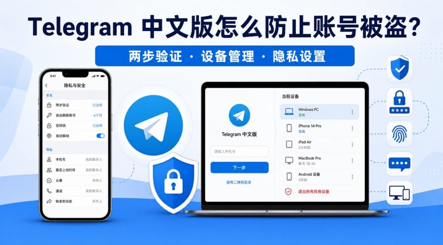 Telegram 中文版怎么防止账号被盗?两步验证、设备管理与隐私设置教程